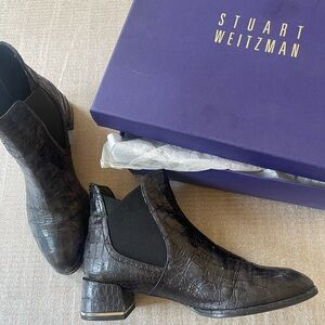 Stuart Weitzman Black Croc-Embossed Ankle Boots